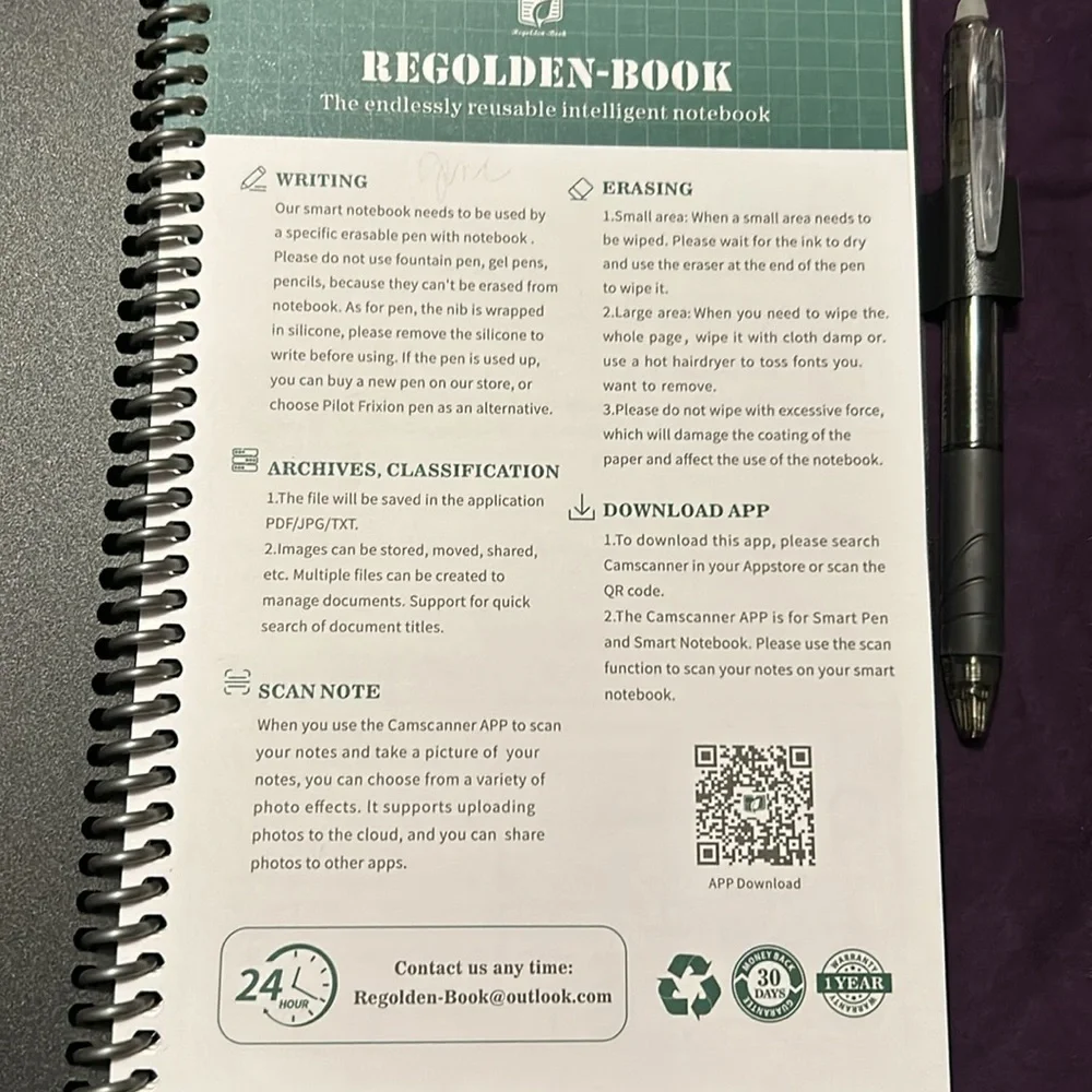 Smart book planner includes pen and cleaning cloth